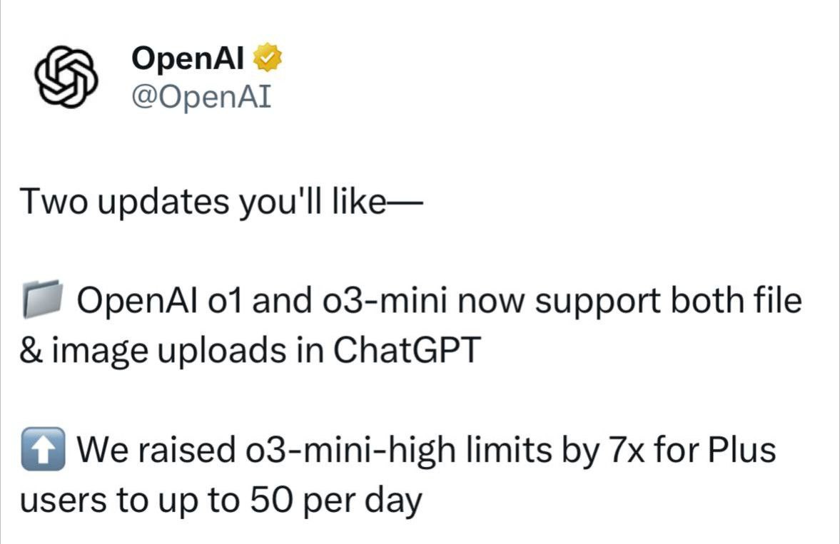 OpenAI продолжает улучшения...
o1 и o3-mini теперь могут читать файлы и картинки...
Странно сейчас это говорить, но я считаю это обязательной базой для любой ллм | Сетка — социальная сеть от hh.ru