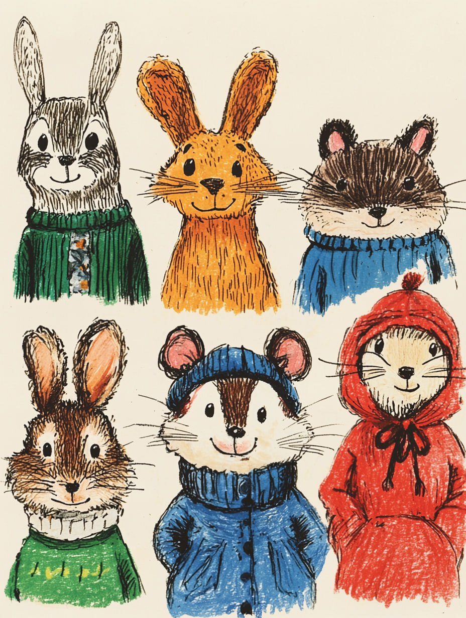 Код SREF для Midjourney ❤️
Prompt:
Thirty cute and smiling dressed animals stand in a line, including a frog, a heron, a rat, a badger, a mole, white background --ar 3:4 --quality 2 --sref 2252558232 ... | Сетка — социальная сеть от hh.ru