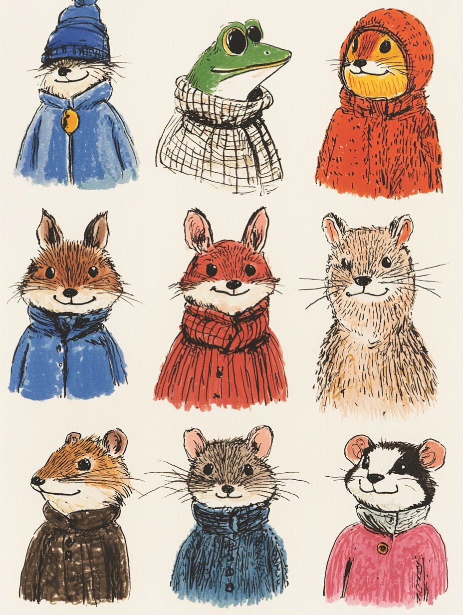 Код SREF для Midjourney ❤️
Prompt:
Thirty cute and smiling dressed animals stand in a line, including a frog, a heron, a rat, a badger, a mole, white background --ar 3:4 --quality 2 --sref 2252558232 ... | Сетка — социальная сеть от hh.ru