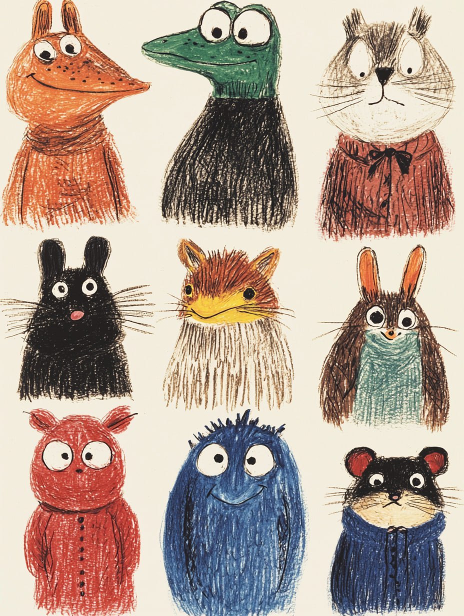 Код SREF для Midjourney ❤️
Prompt:
Thirty cute and smiling dressed animals stand in a line, including a frog, a heron, a rat, a badger, a mole, white background --ar 3:4 --quality 2 --sref 2252558232 ... | Сетка — социальная сеть от hh.ru