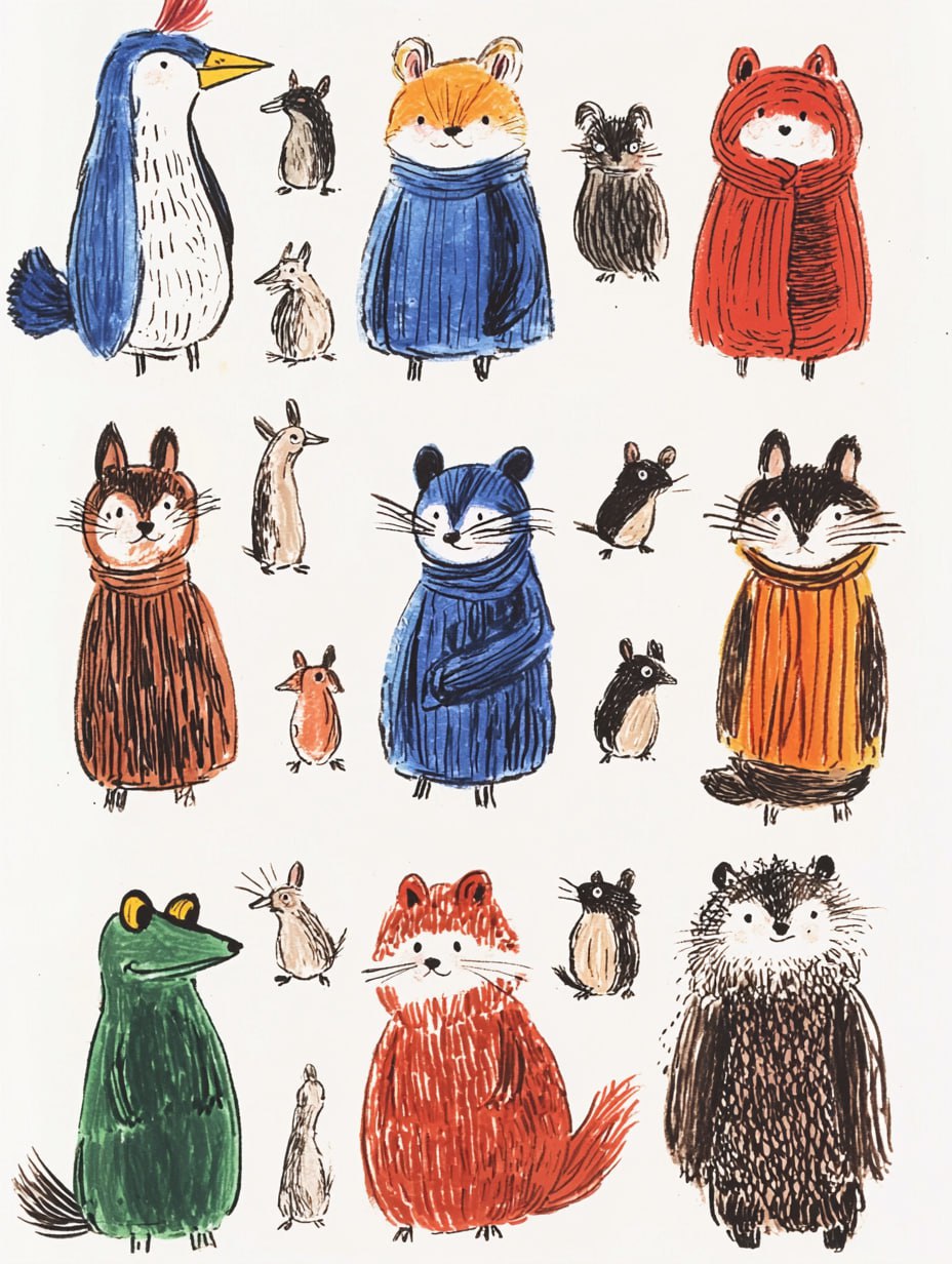 Код SREF для Midjourney ❤️
Prompt:
Thirty cute and smiling dressed animals stand in a line, including a frog, a heron, a rat, a badger, a mole, white background --ar 3:4 --quality 2 --sref 2252558232 ... | Сетка — социальная сеть от hh.ru