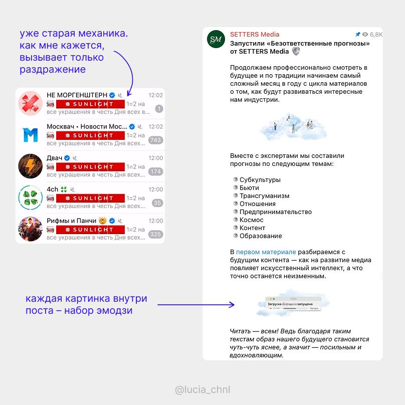 новый формат использования эмодзи в Telegram
года два назад Яндекс Маркет (вроде это были они) придумал использовать мини-баннеры из эмодзи в рекламных постах в Telegram | Сетка — социальная сеть от hh.ru