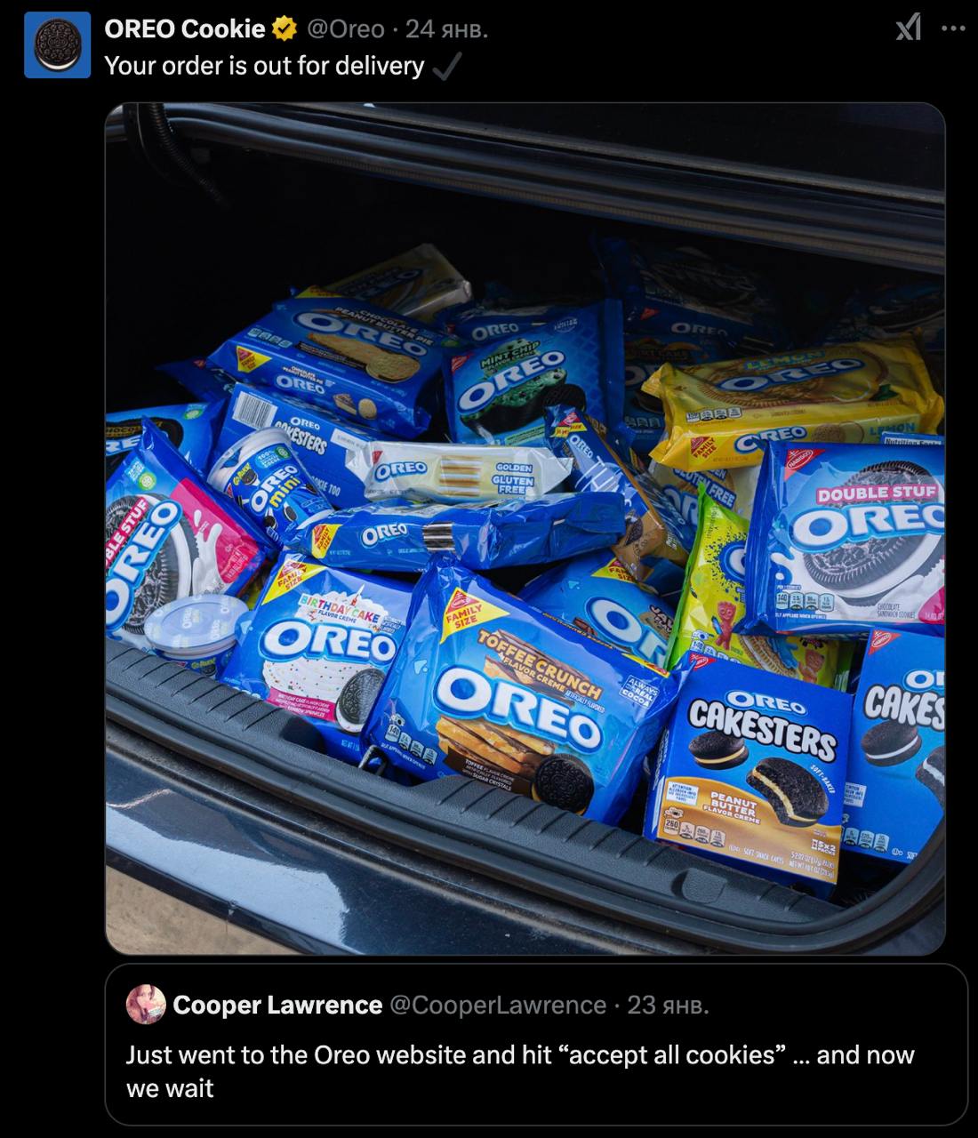 Oreo классно отреагировали на твит девушки, которая написала: "Just went to the Oreo website and hit 'accept all cookies' … and now we wait" (Только что зашла на сайт Oreo и нажала «принять все файлы ... | Сетка — социальная сеть от hh.ru