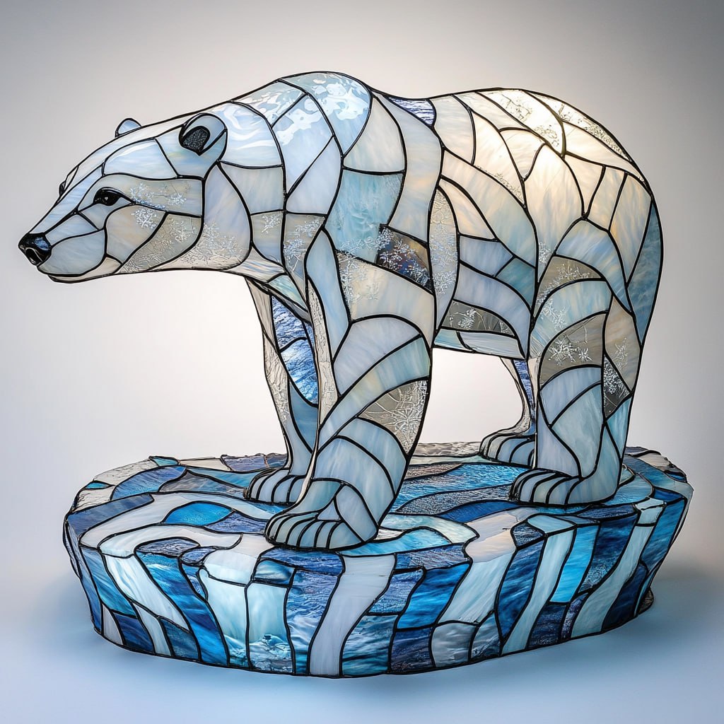 prompt: Create a 3D stained glass sculpture of a polar bear with mosaic-style swirls of soft blue and light glass. Bold black lead strips outline the bear's dynamic form | Сетка — социальная сеть от hh.ru