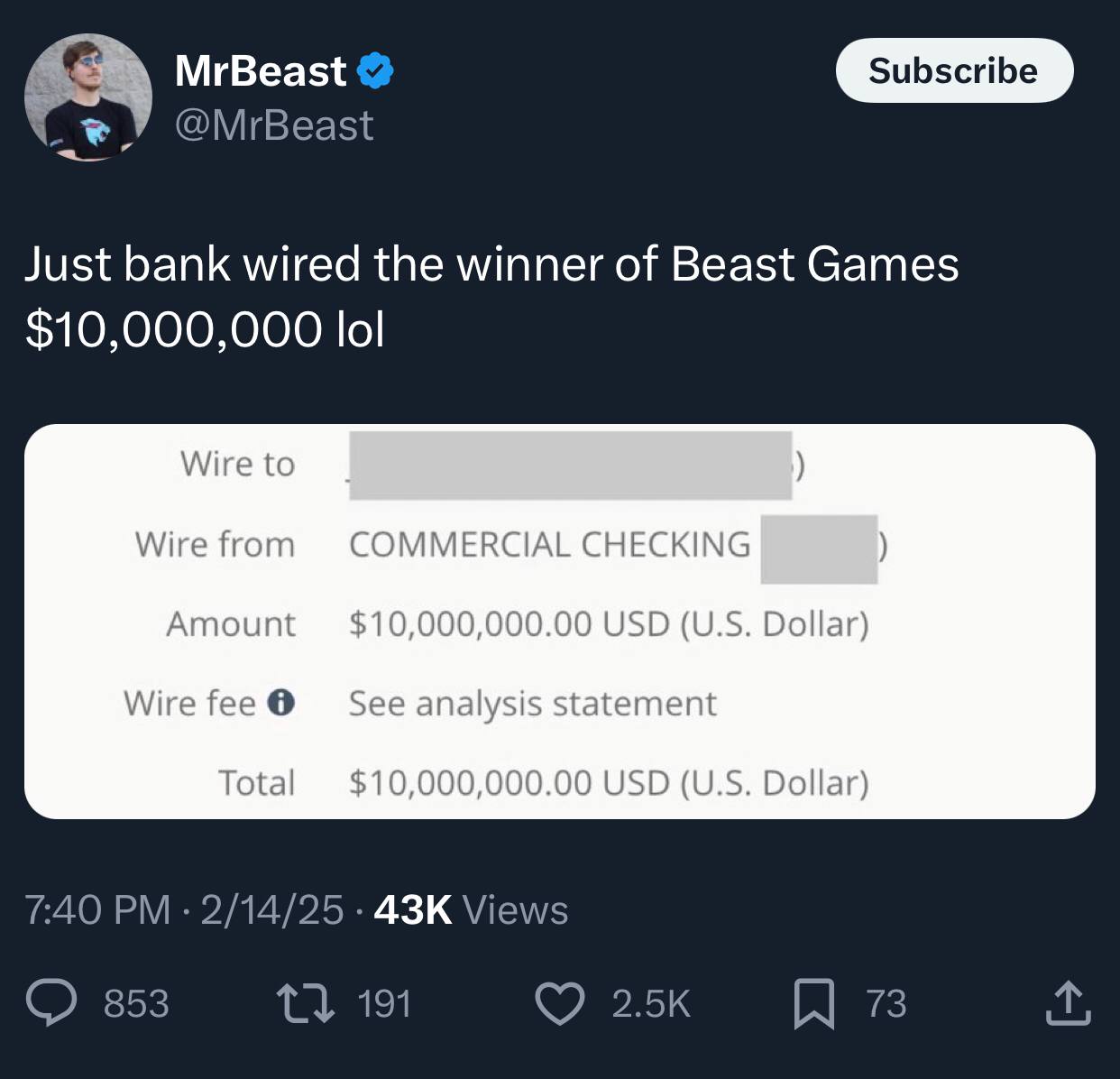 MrBeast только что перевёл $10 миллионов призовых денег победителю его конкурса Beast Games.
Ютубу сегодня как раз исполнилось 20 лет | Сетка — социальная сеть от hh.ru