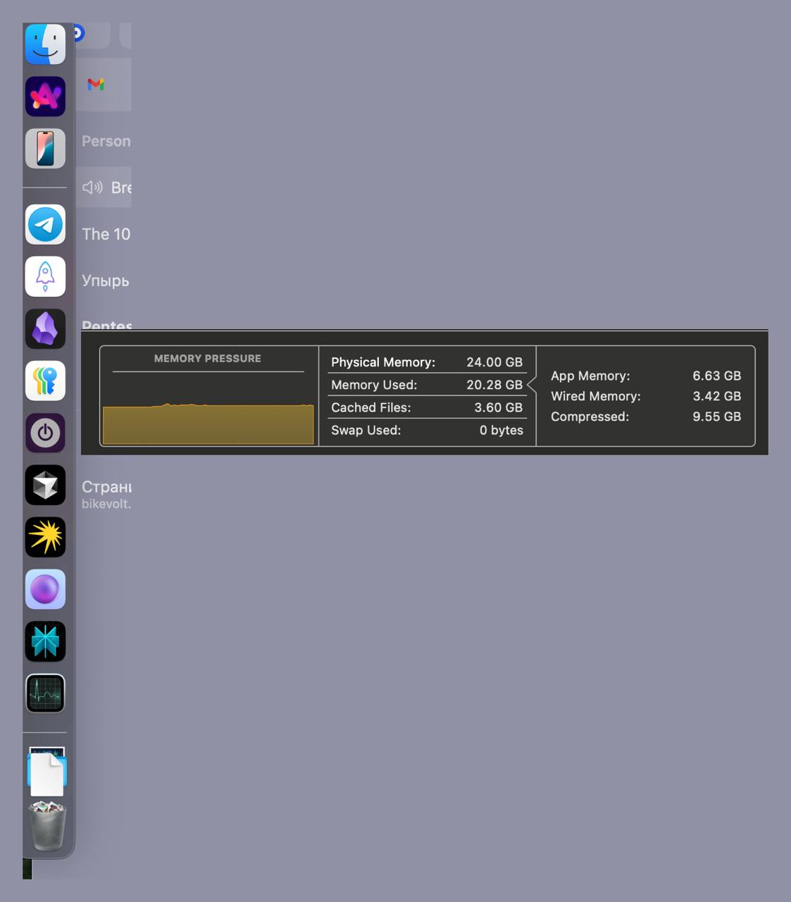 🍏 MacOS - сожрёт ВСЮ оперативную память
Как я и говорил - макось спокойно хавает память
20гб за браузер, редактор кода, телеграм, яндекс музыку | Сетка — социальная сеть от hh.ru