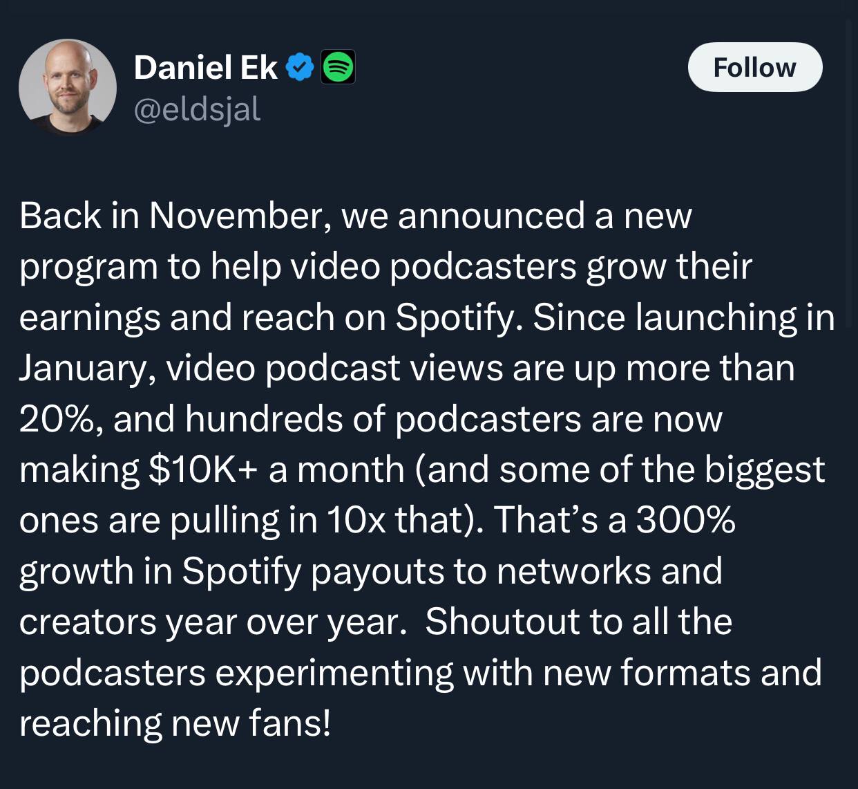 Spotify поделился первыми результатами их программы монетизации для видеоподкастов, запущенной в январе 2025 и заменившей рекламную модель:
• Рост выплат креаторам: +300% к январю 2024
• Сотни подкаст... | Сетка — социальная сеть от hh.ru