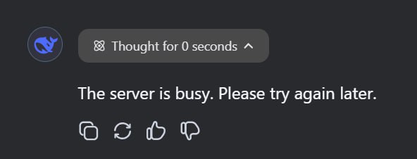 Не понимаю как люди пользуются DeepSeek'ом. Мощностей у них кот наплакал. 50% запросов (в лучшем случае) уходят в "Server is busy" 🤬 | Сетка — социальная сеть от hh.ru