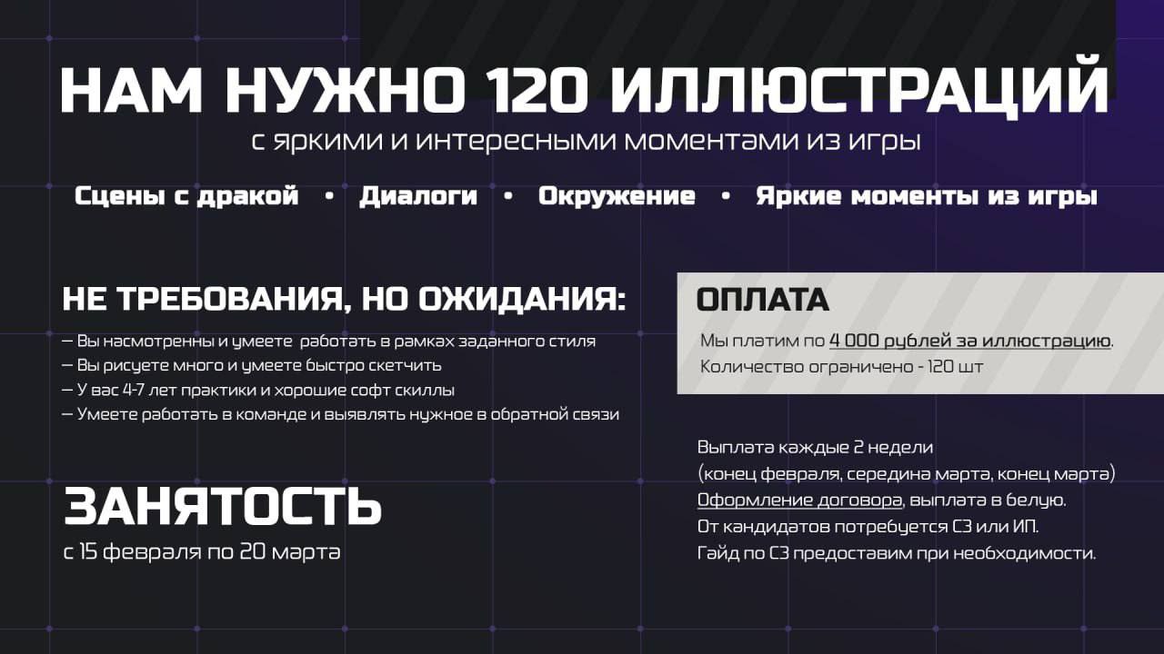 Ищем иллюстраторов для отрисовки игровых сцен с персонажами.
Стилистика: 2д, комиксовая, сеттинг - киберпанк | Сетка — социальная сеть от hh.ru