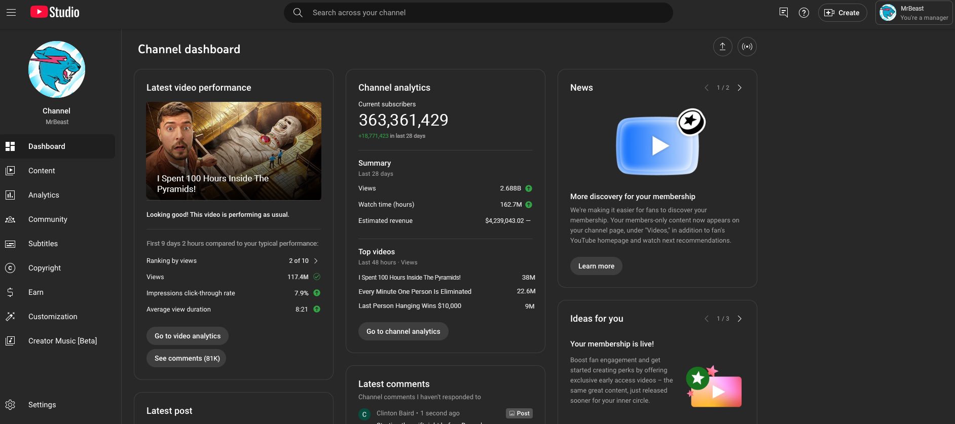 По Твиттеру гуляет слитый скриншот реальногозаработка MrBeast с Adsense (сверху) — $4,2 млн за 28 дней | Сетка — социальная сеть от hh.ru