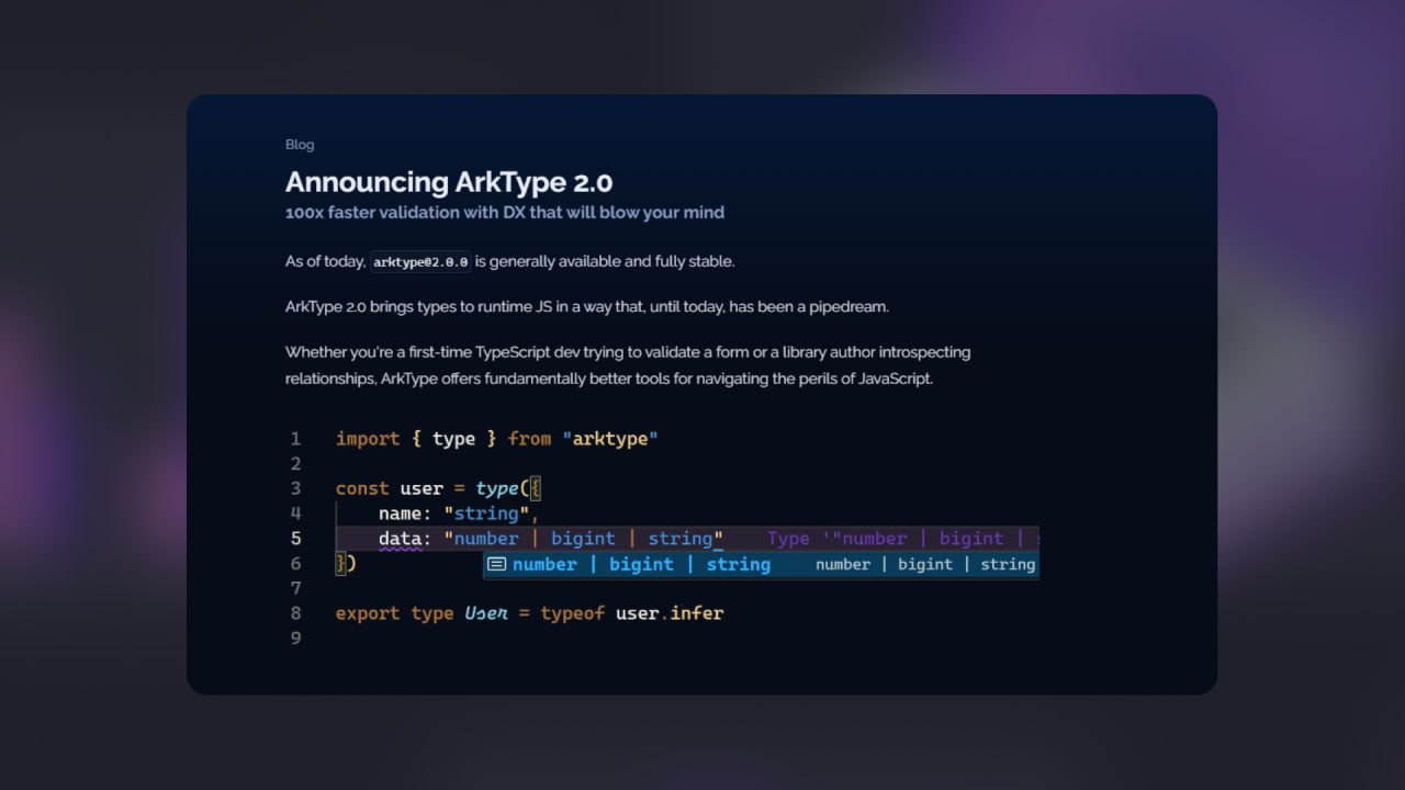 #НовостиРазработки Вышла ArkType 2.0
ArkType — это библиотека для валидации данных. Она работает аналогично Zod и Yup, но делает упор на высокую производительность и динамический анализ типов | Сетка — социальная сеть от hh.ru