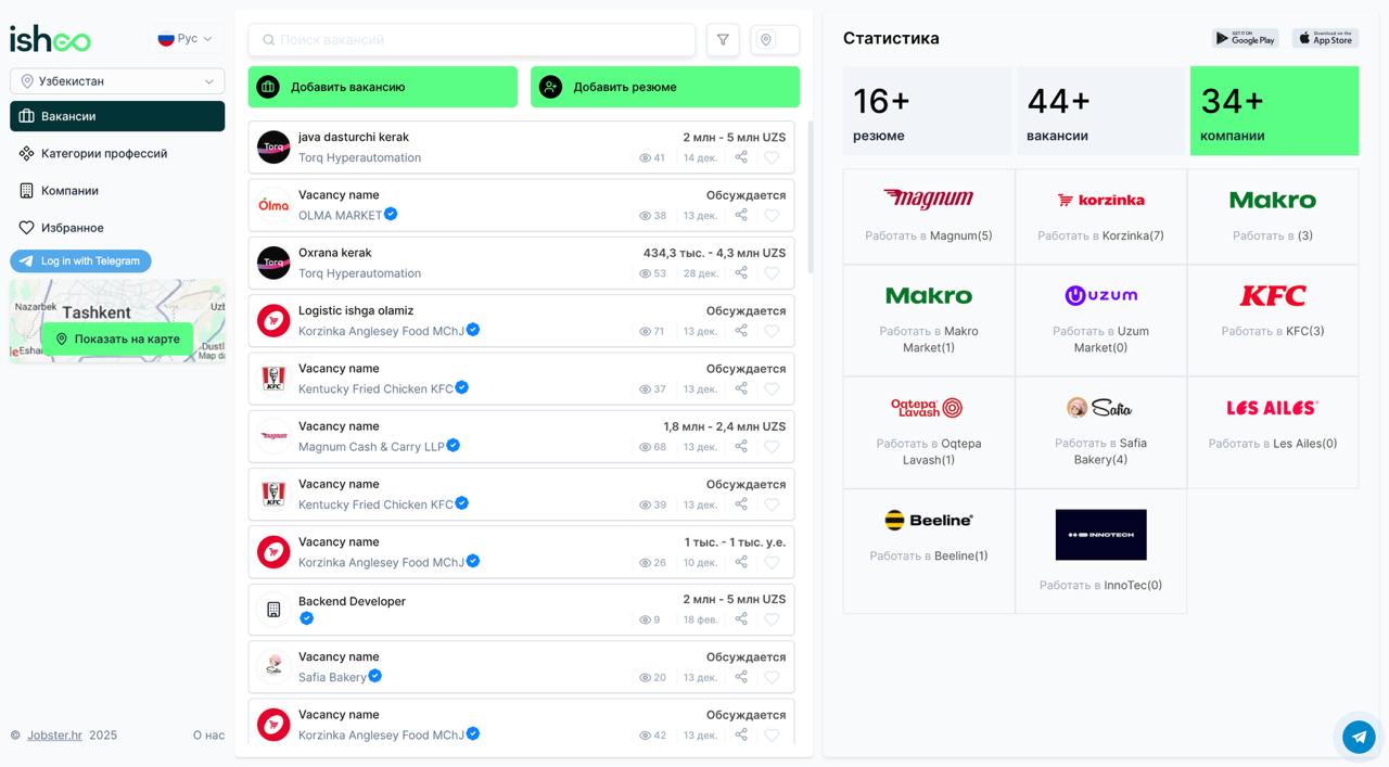 Запуск экосистемы ishGO для рекрутинга в Узбекистане 
Команда Jobster запускает ishGO — онлайн-агрегатор вакансий и резюме для HR-специалистов и рекрутеров | Сетка — социальная сеть от hh.ru
