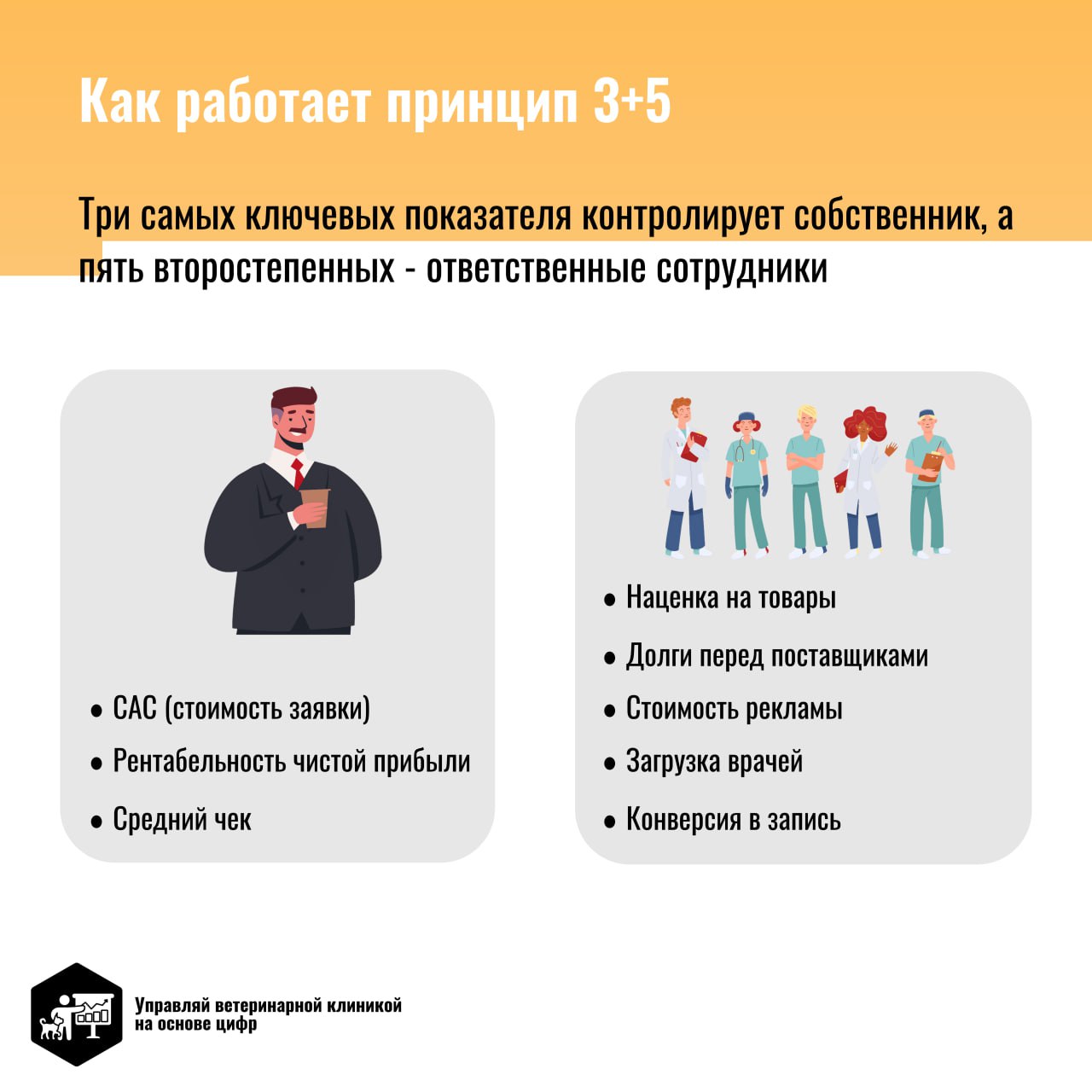 Принцип 3+5 помогает владельцам ветеринарных клиник не запутаться в отчётах и сосредоточиться на наиболее важных аспектах бизнеса | Сетка — социальная сеть от hh.ru
