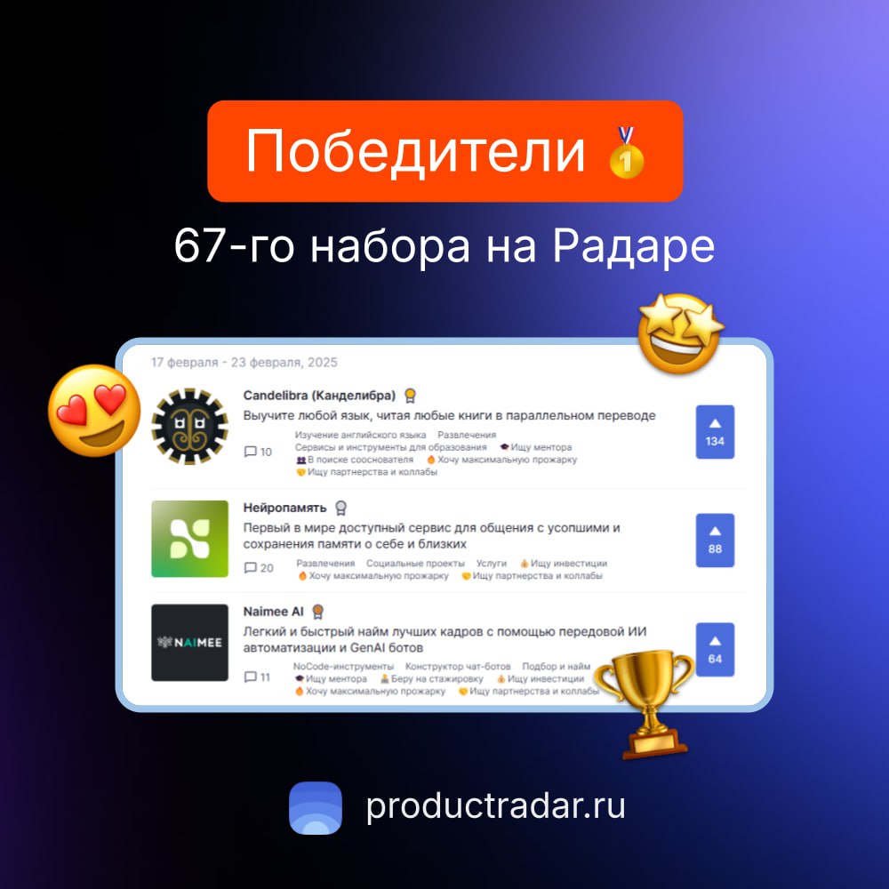 Победители прошлой недели на Радаре
67-й набор
🥇Candelibra (Канделибра)
Выучите любой язык, читая любые книги в параллельном переводе | Сетка — социальная сеть от hh.ru