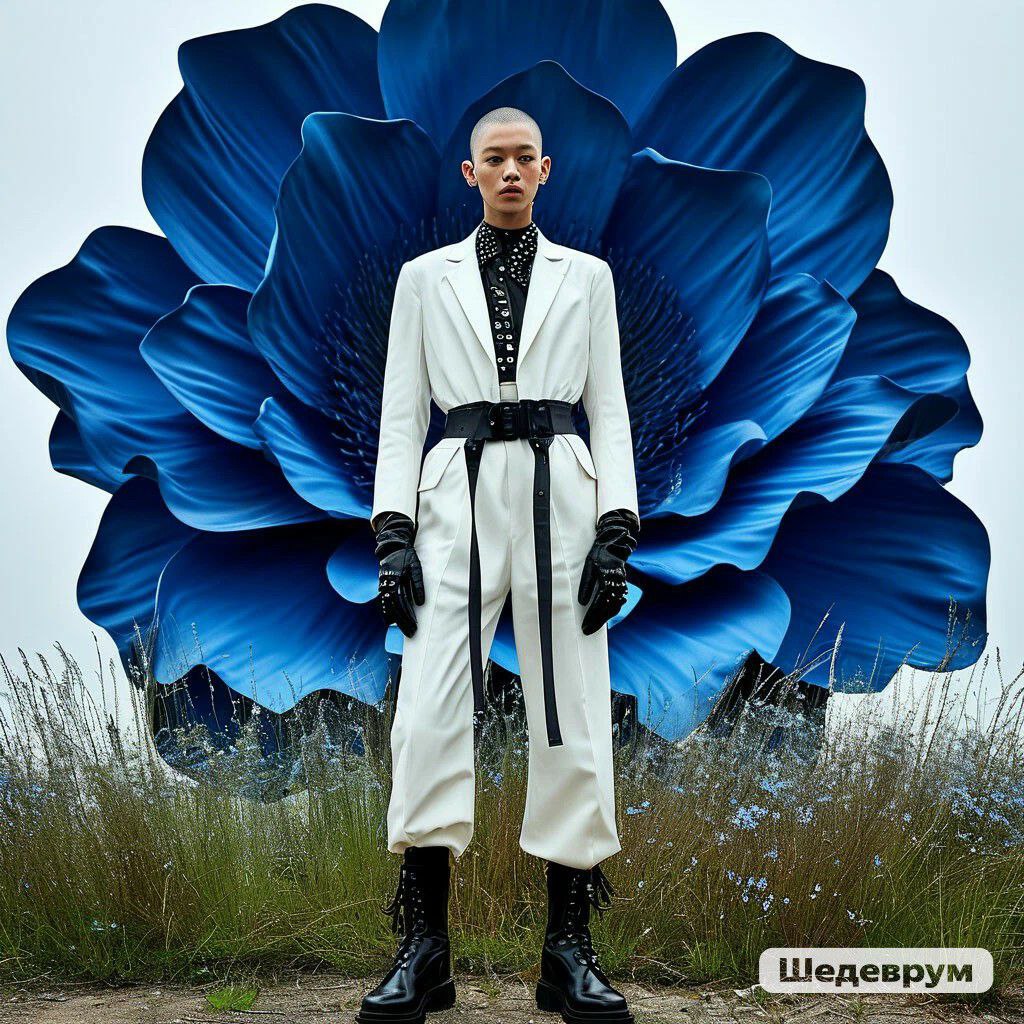 Prompt: Фотография в стиле высокой моды: модель в белом авангардном костюме Yohji Yamamoto и чёрных туфлях Loewe стоит в центре гигантского синего цветка | Сетка — социальная сеть от hh.ru