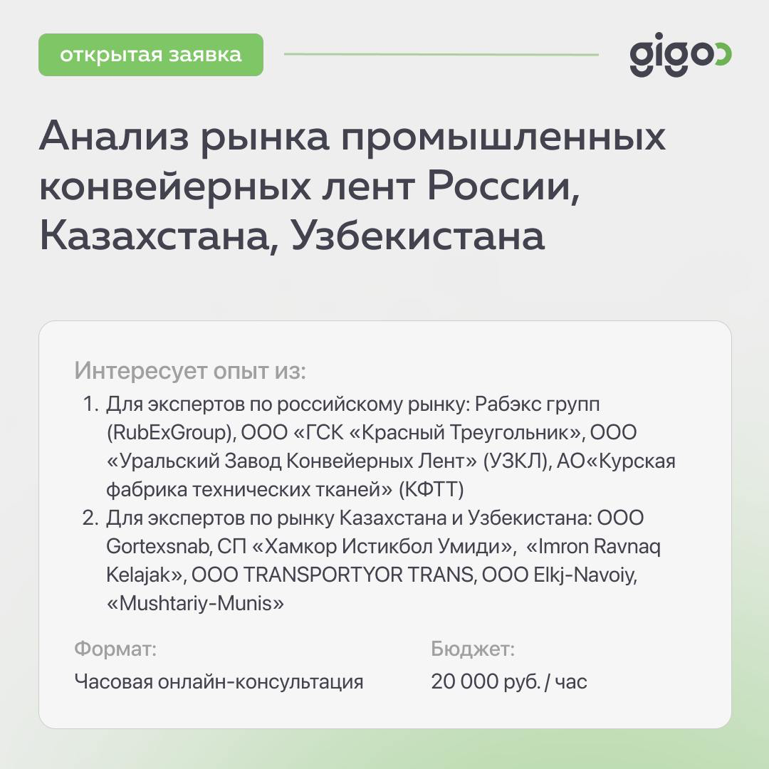 🟢 Новая заявка для специалистов рынка промышленных конвейерных лент России, Казахстана, Узбекистана
📌 Формат:
часовая онлайн-консультация
📌 Основные задачи:
1 | Сетка — социальная сеть от hh.ru