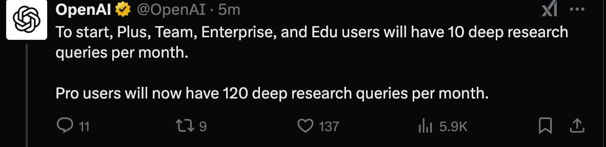 OpenAI предоставили доступ к DeepResearch людям с подписками дешевле, чем за $200. Будет по 10 запросов в месяц, вполне хватит чтобы попробовать | Сетка — социальная сеть от hh.ru