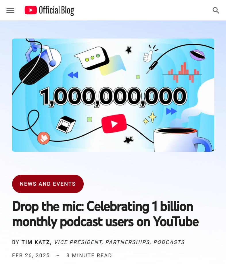 🌐 Миллиард человек ежемесячно потребляют подкасты на Ютубе.
(обещаю, последнее про YouTube, недельная норма выполнена)
Общий MAU платформы = 2 | Сетка — социальная сеть от hh.ru