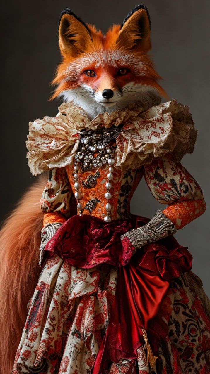 Изображения: MidJourney
Prompt для генерации изображений:
Portrait editorial: A creative anthropomorphic fox posing against a neutral gray background, wearing avant-garde fashion: an asymmetrical dres... | Сетка — социальная сеть от hh.ru