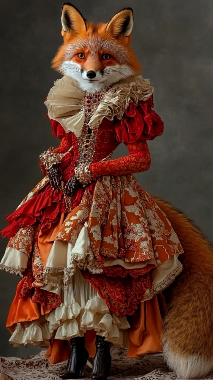 Изображения: MidJourney
Prompt для генерации изображений:
Portrait editorial: A creative anthropomorphic fox posing against a neutral gray background, wearing avant-garde fashion: an asymmetrical dres... | Сетка — социальная сеть от hh.ru