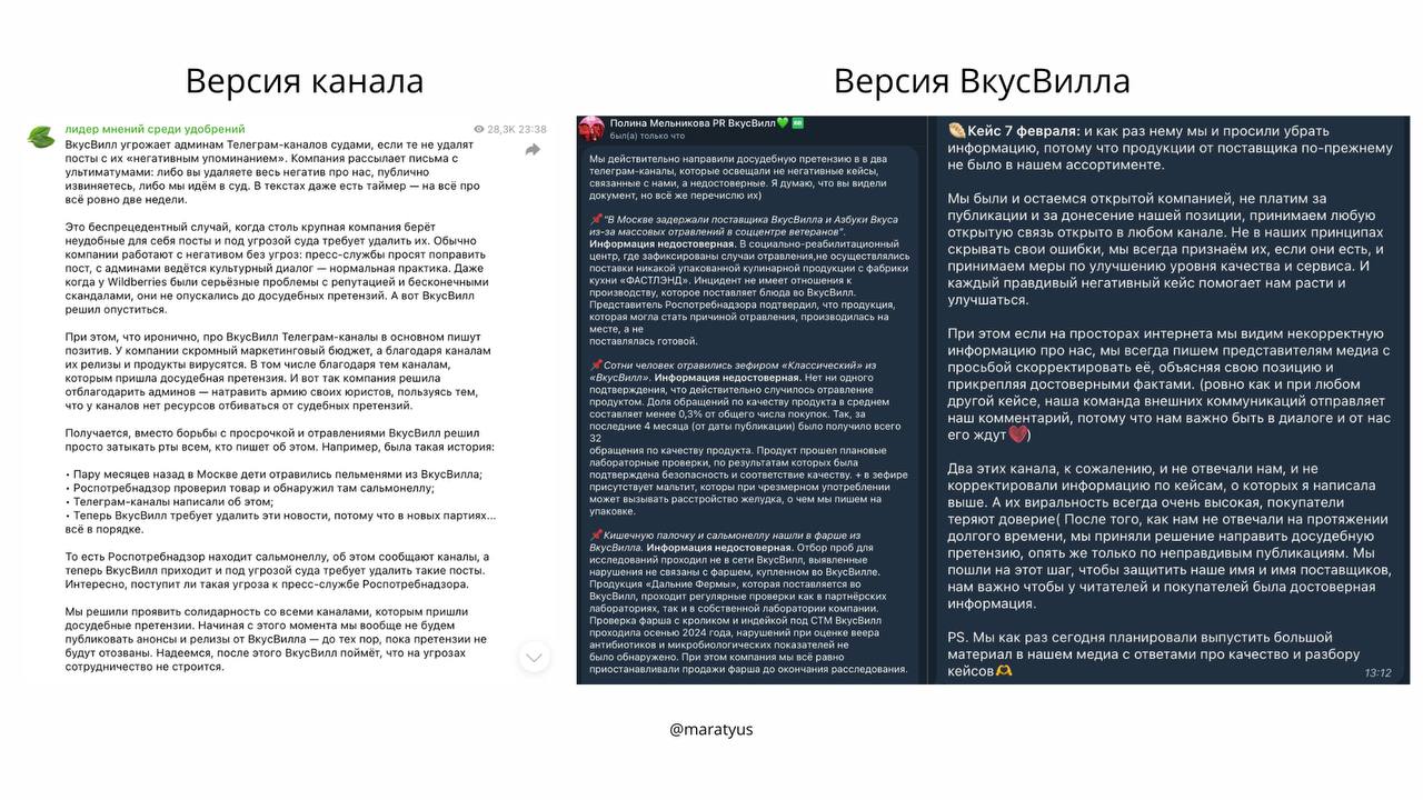ВкусВилл угрожает админам каналов судом
Примерно с таким заголовком вчера вечером крупный околомаркетинговый канал выложил большой пост | Сетка — социальная сеть от hh.ru