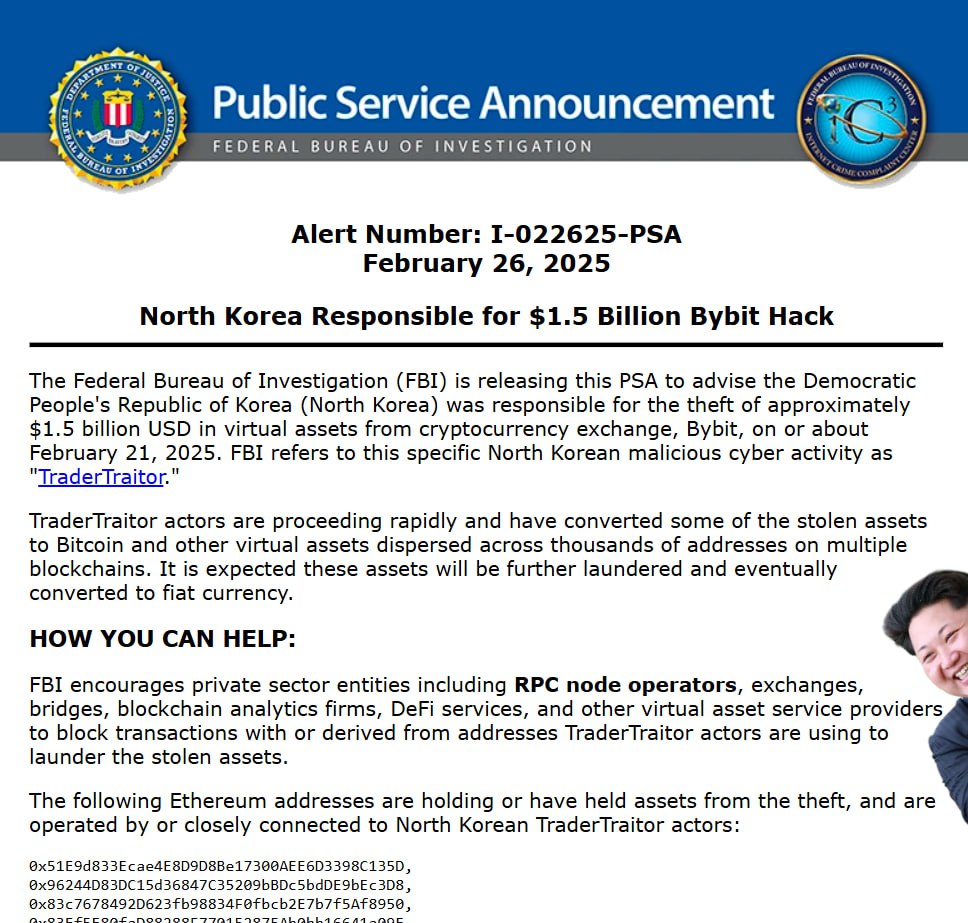 🇺🇸🇰🇵ФБР: за взломом Bybit стоит Lazarus
🟠Ведомство опубликовало 51 подозрительный адрес в сети 🔹ETH, биржам и DeFi-проектам рекомендовано блокировать транзакции | Сетка — социальная сеть от hh.ru