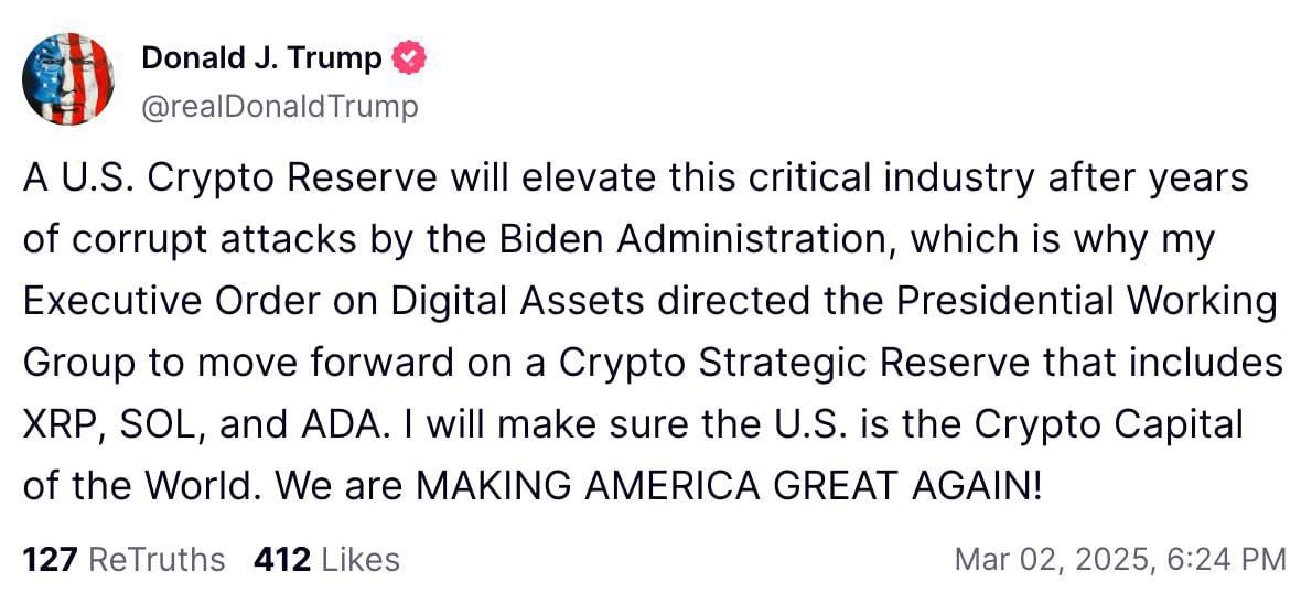 Трамп анонсировал крипто-резерв 👀
«Криптовалютный резерв США поднимет эту важнейшую отрасль после многих лет коррупционных нападок со стороны администрации Байдена | Сетка — социальная сеть от hh.ru