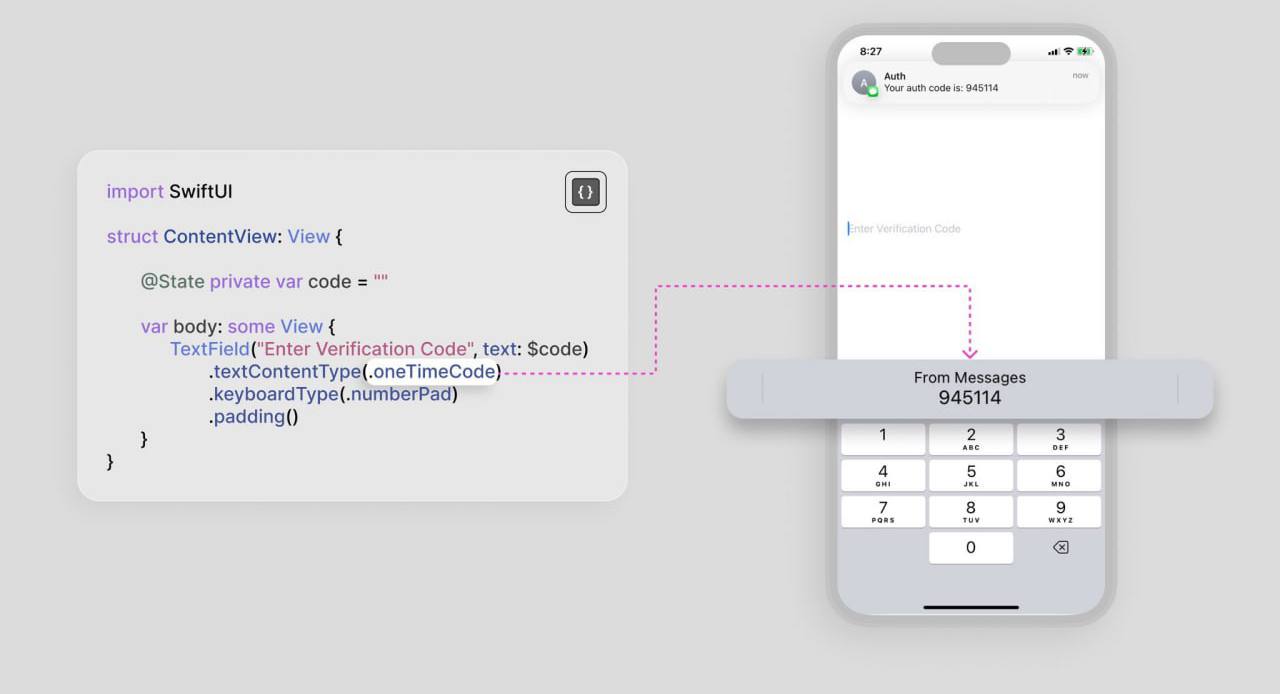 Совет по SwiftUI
Используйте .textContentType(.oneTimeCode) в TextField, чтобы включить автозаполнение проверочных кодов из сообщений или почты | Сетка — социальная сеть от hh.ru