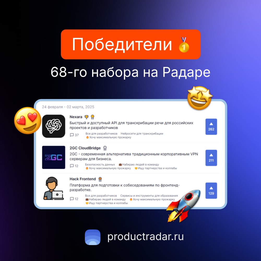 И Оскар за лучший проект 68-й недели на Радаре уходит к…
🥇Nexara
Быстрый и доступный API для транскрибации речи для российских проектов и разработчиков

🥈2GC CloudBridge
современная альтернатива тради... | Сетка — социальная сеть от hh.ru