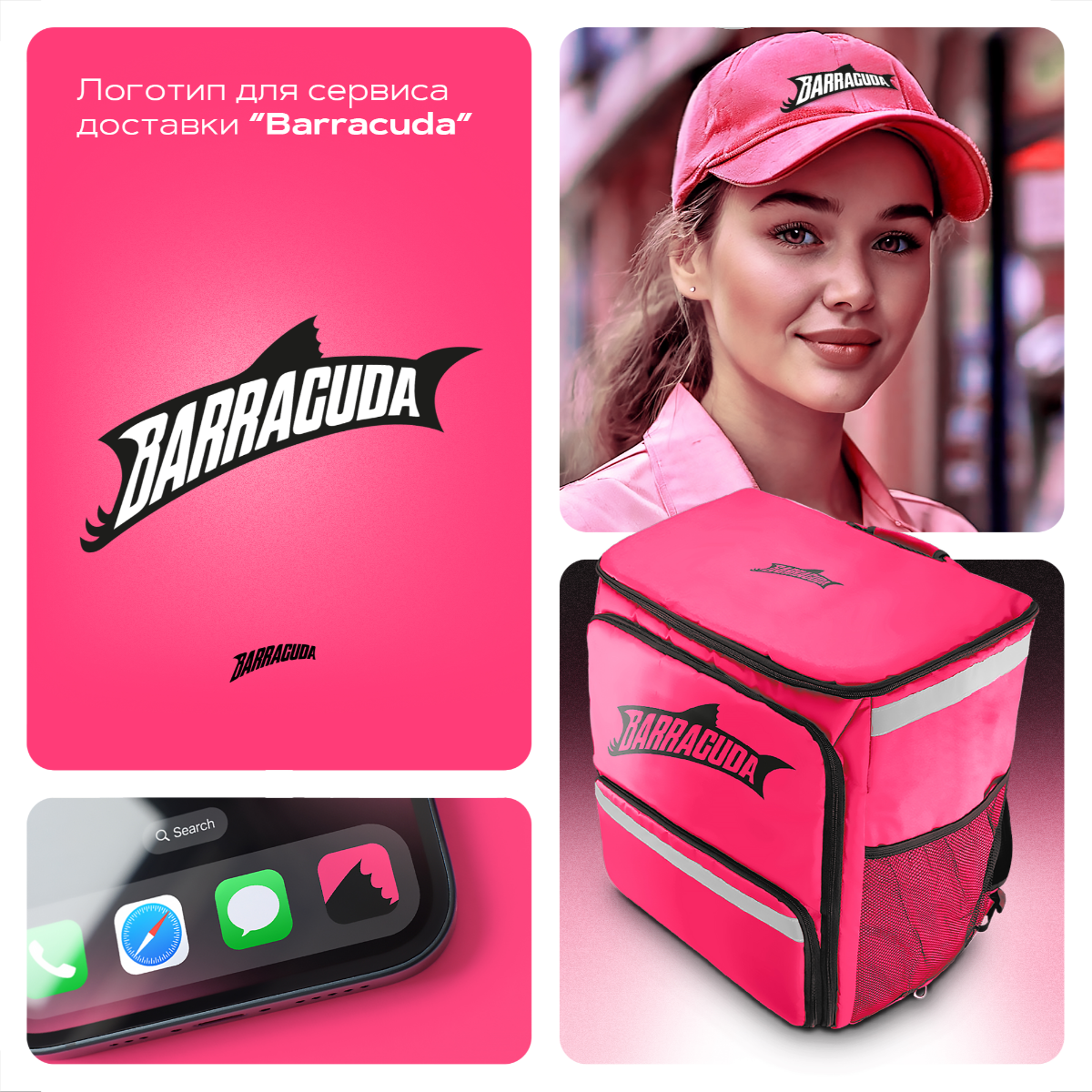 Разработали эмблему для сервиса доставки "Barracuda" 🐟  
Общая форма знака напоминает рыбу барракуду, внутри которой название бренда. Вся композиция вместе динамично изгибается | Сетка — социальная сеть от hh.ru