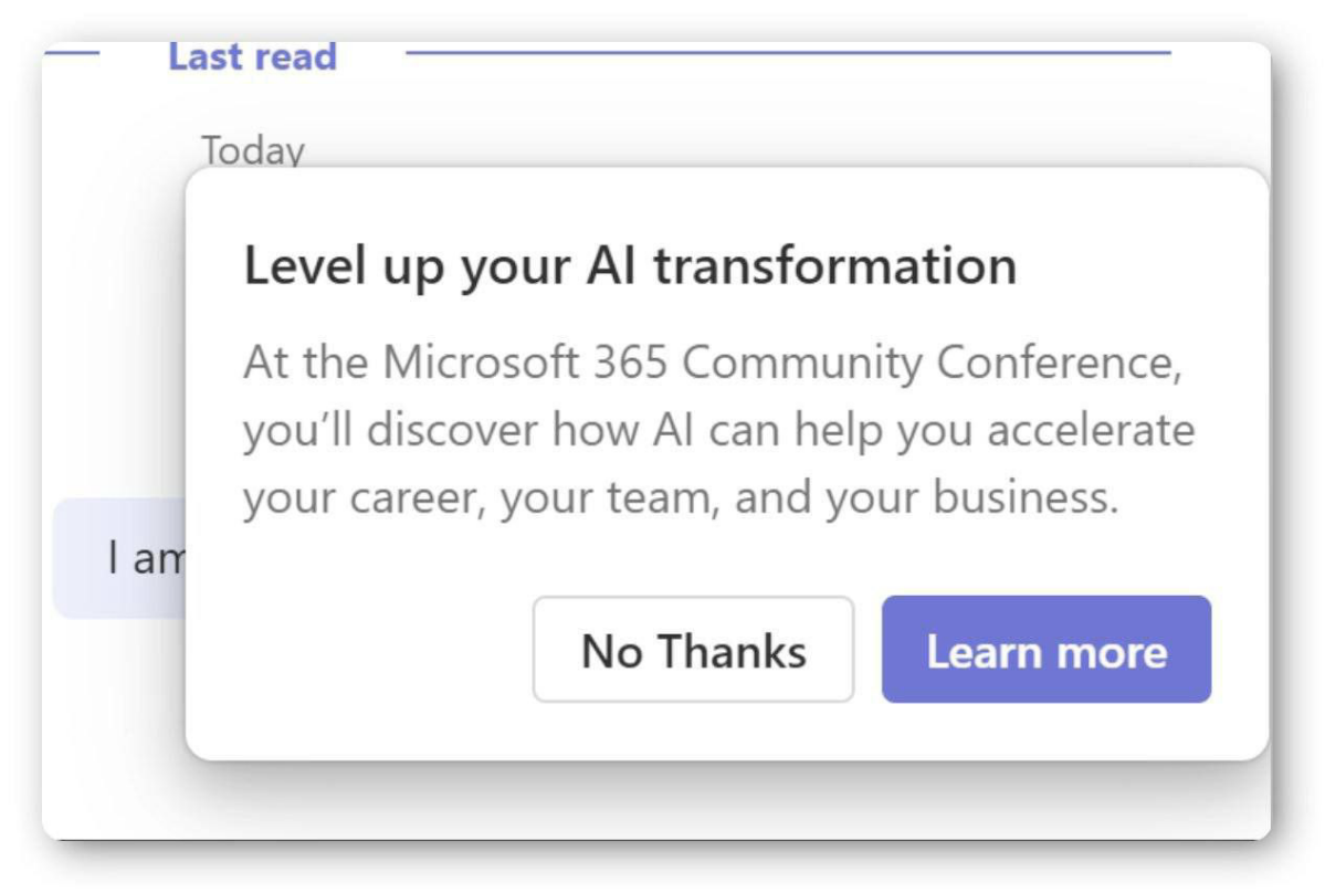 Реклама теперь есть даже в... Microsoft Teams.
Точнее формально это не прям реклама, а продвижение какой-то собственной эйай конфы от Microsoft 365 | Сетка — социальная сеть от hh.ru