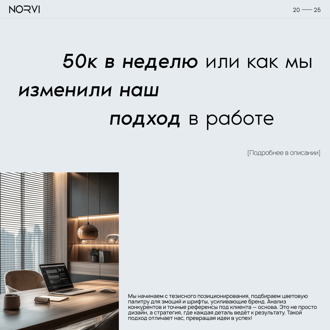 "💰 50к в неделю или как мы проработали наш подход в работе! 💡
Добро пожаловать в мир Norvi, где каждый проект — это пазл успеха! Мы начинаем с тезисного позиционирования, чтобы понять суть вашего брен... | Сетка — социальная сеть от hh.ru