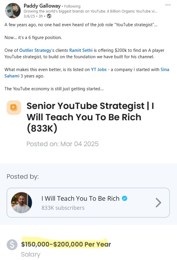 И снова о вакансиях в creator economy: Ремит Сети, подкастер, автор книги и одноименного канала I Will Teach You To Be Rich, ищет фулл-тайм YouTube-стратега с окладом $150-200K в год + медстраховкой и... | Сетка — социальная сеть от hh.ru