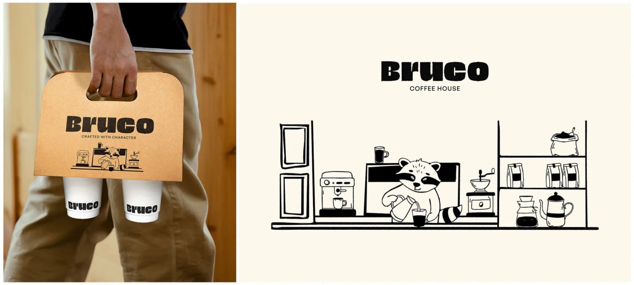 Игривая айдентика Bruco Coffee House от Dhriti.
Логотип, выполненный в жирной, слегка состаренной типографике, создает сильное и уверенное впечатление | Сетка — социальная сеть от hh.ru