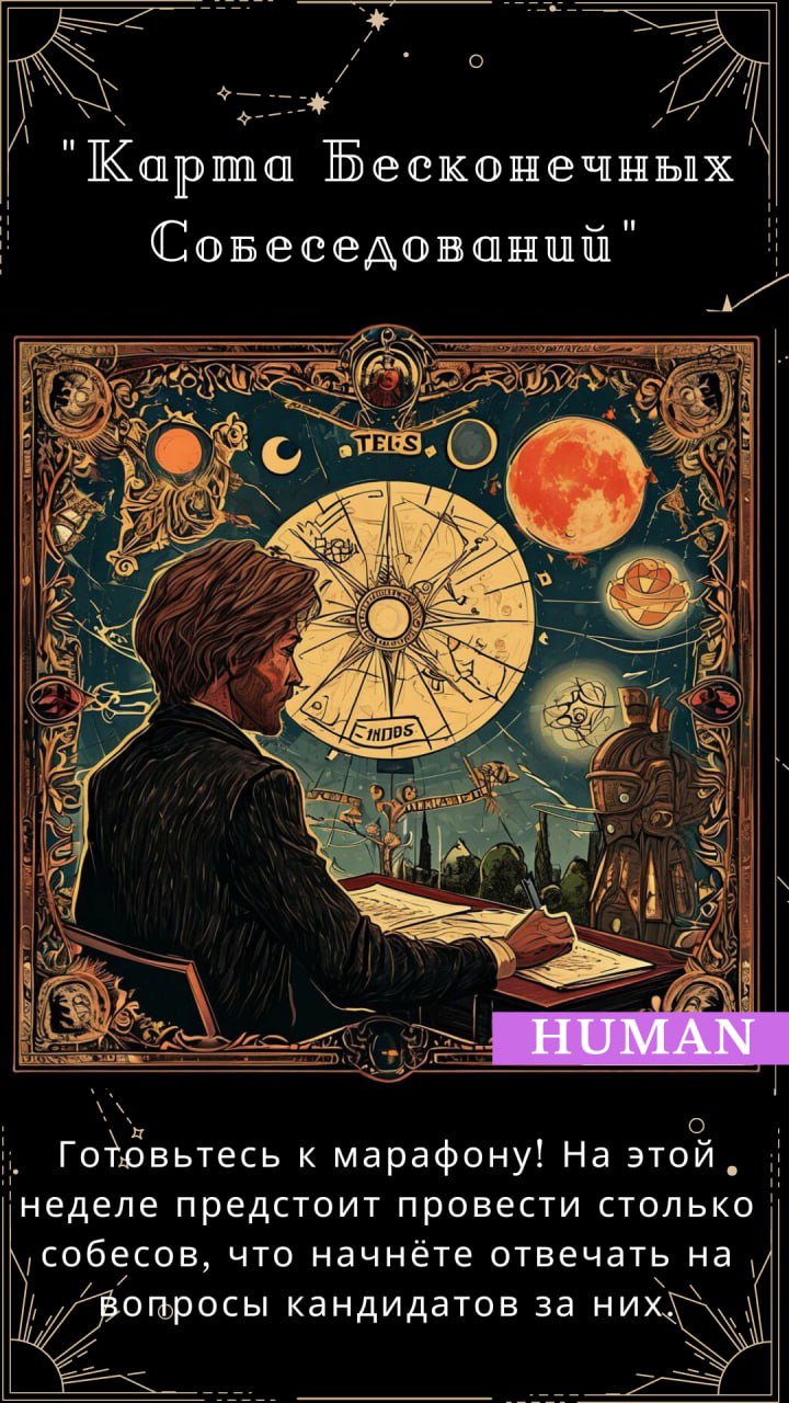 🔤🔤-таро: расклад на неделю! 🔮
Давайте поиграем?
🎩Рекрутинг — это уже почти магия, так почему бы не добавить немного шуточных предсказаний? 🧹
✨ Кликайте на карту и узнавайте, что ждёт вас в ближайшие д... | Сетка — социальная сеть от hh.ru