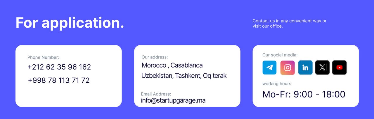 Кажется, Startup Garage открывает офис в Марокко, в Касабланке,
поскольку на англоязычной версии их сайта указаны два адреса — Ташкент и Касабланка. Дохи нет, хотя они недавно открыли там свои двери | Сетка — социальная сеть от hh.ru