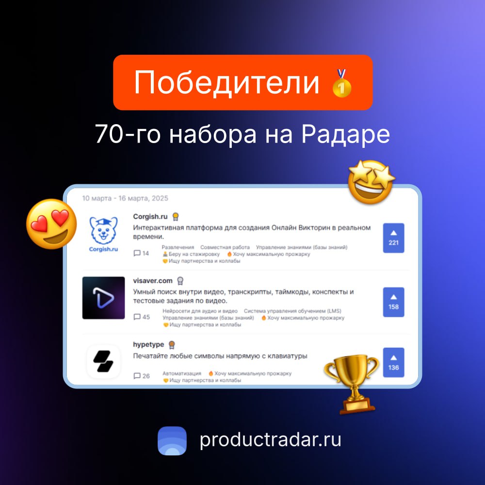 Победители прошлой недели на Радаре
70-й набор
🥇Corgish.ru
Интерактивная платформа для создания Онлайн Викторин в реальном времени.

🥈visaver | Сетка — социальная сеть от hh.ru