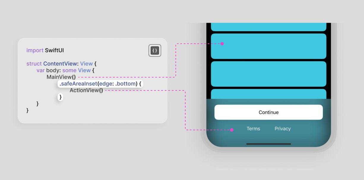 SwiftUI Совет
Используйте .safeAreaInset(), чтобы закрепить важные кнопки, например «Продолжить» на экранах оплаты, внизу, позволяя основному контенту прокручиваться. | Сетка — социальная сеть от hh.ru