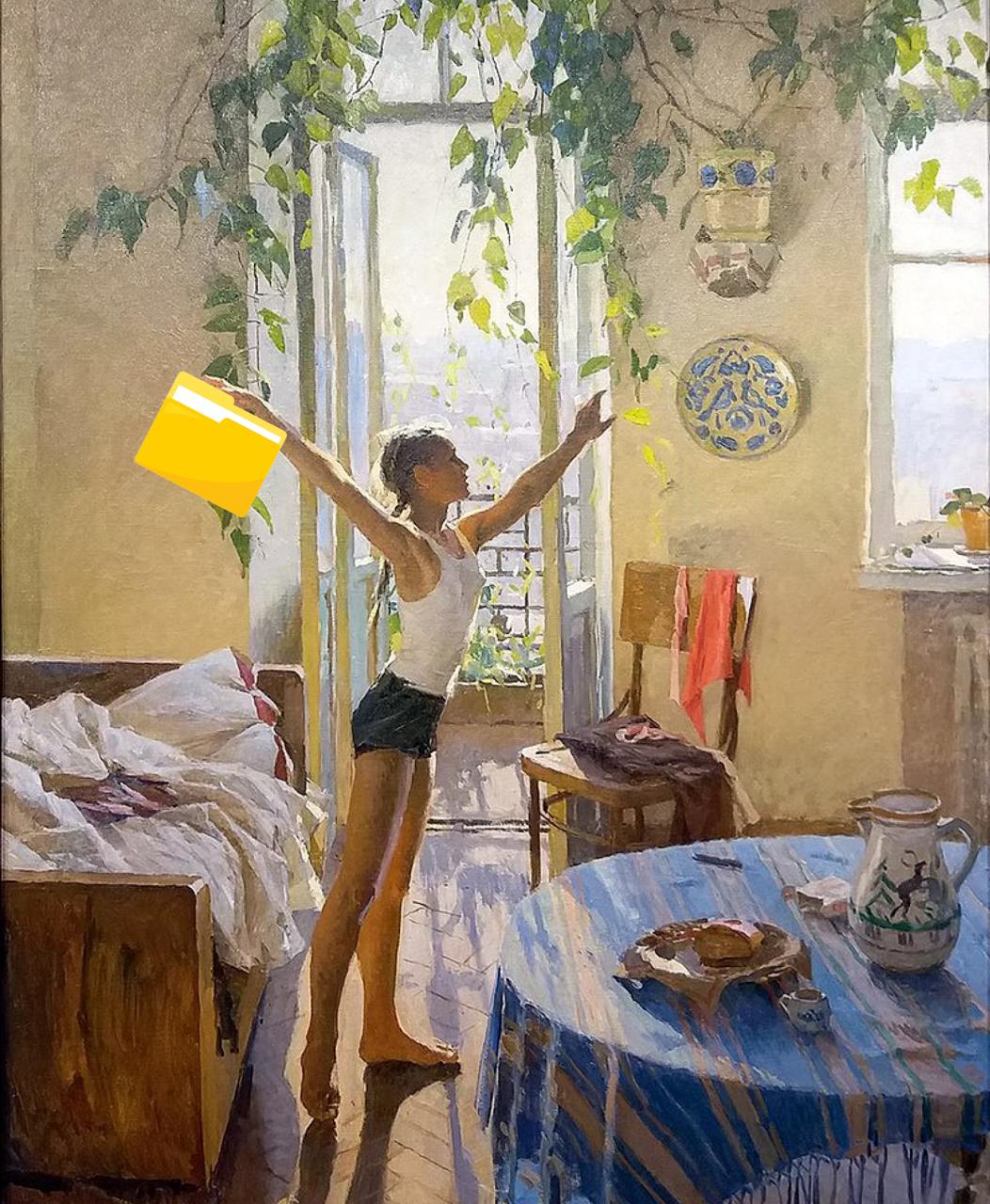 Утренняя папка 
(холст, масло, 2025)
Прошу, не спеши с выводами. Я буквально недавно вступила в «Клюб» - сообщество креативных директоров и владельцев рекламных агентств | Сетка — социальная сеть от hh.ru