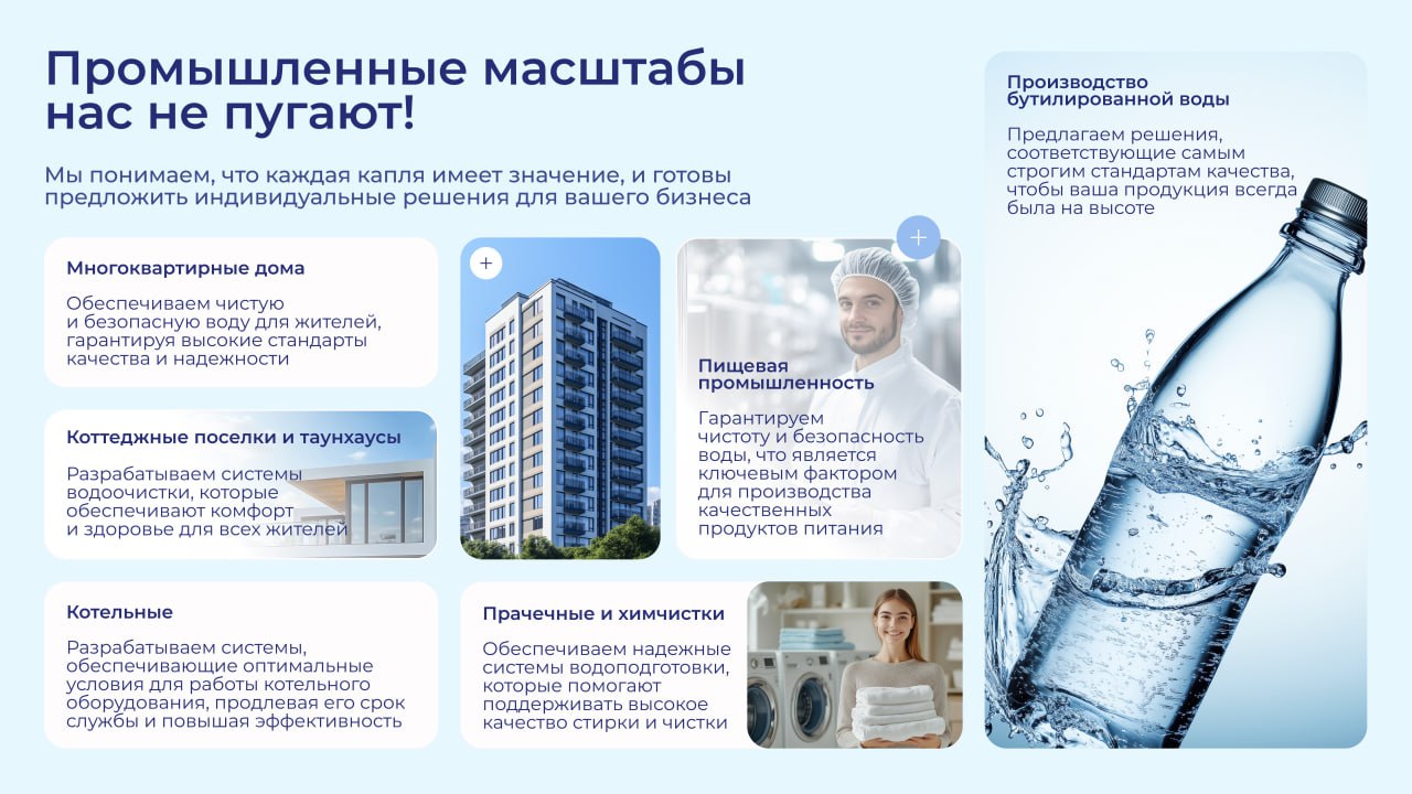 Нам сказали: “Про водоочистные системы красиво не напишешь”. Ага. Ещё скажите, что слайд с графиком не может быть секси.
Очередной проект. Тема — вода, трубы, фильтры, всё серьёзно | Сетка — социальная сеть от hh.ru