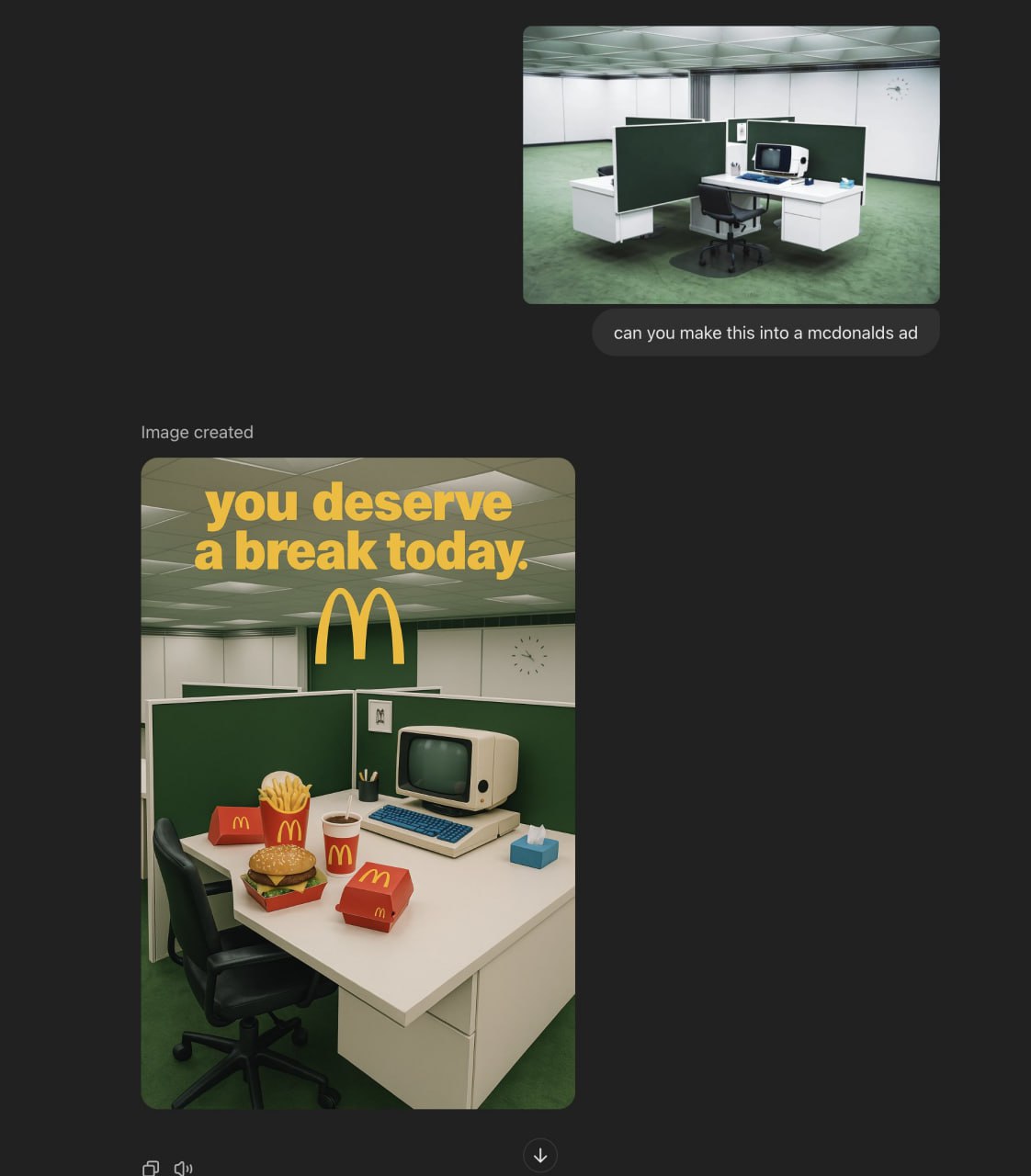 Чувак попросил обновлённый ChatGPT сделать рекламу McDonald's из кадра сериала «Разделение» | Сетка — социальная сеть от hh.ru