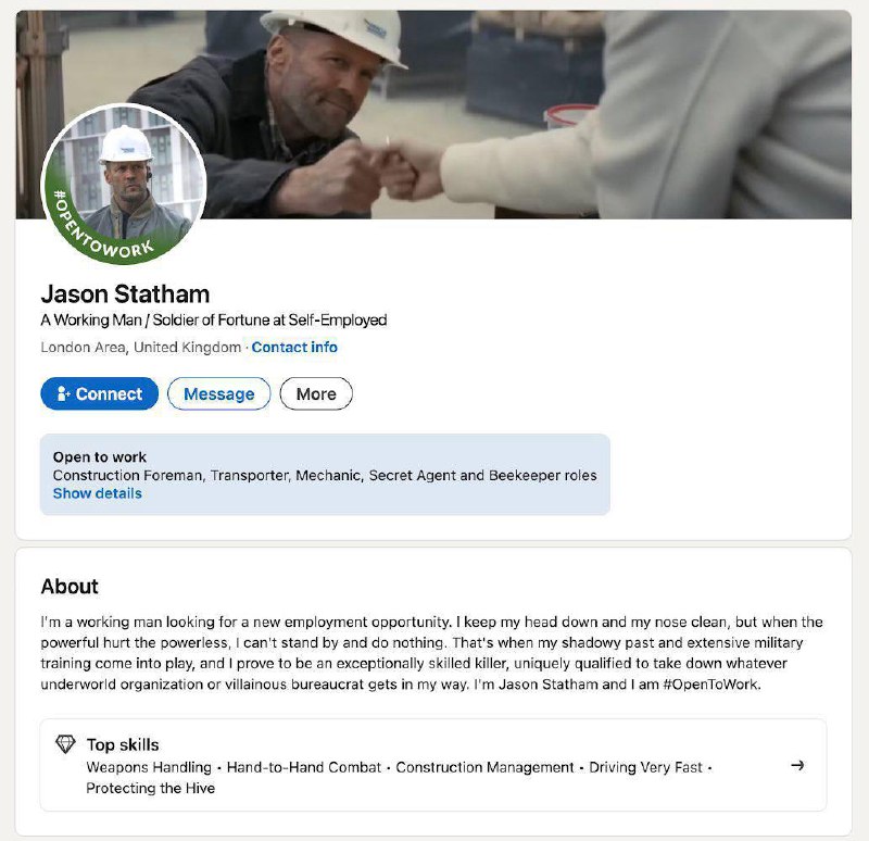 Ничего необычного. Просто Джейсон Стейтем в поиске работы 
Рассматривает вакансии на должности: Мастер-строитель, Перевозчик, Механик, Секретный агент. Совпадения не случайны, ловите профиль | Сетка — социальная сеть от hh.ru