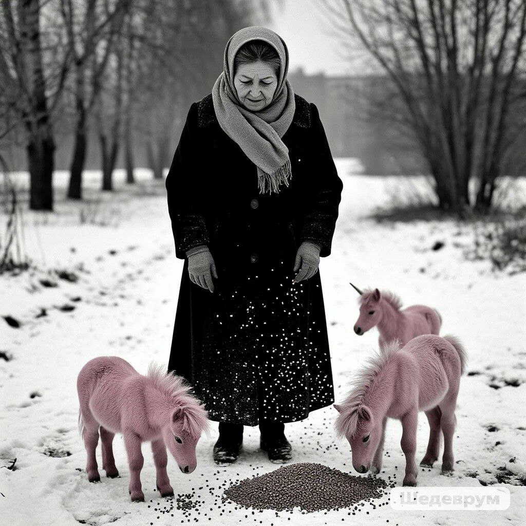 промпт: Черно белая старая мутная советская фотография новая русская бабушки в черном пальто и сером платке на голове, бабушка стоя крошит на снег семки маленьким розовым единорогам | Сетка — социальная сеть от hh.ru