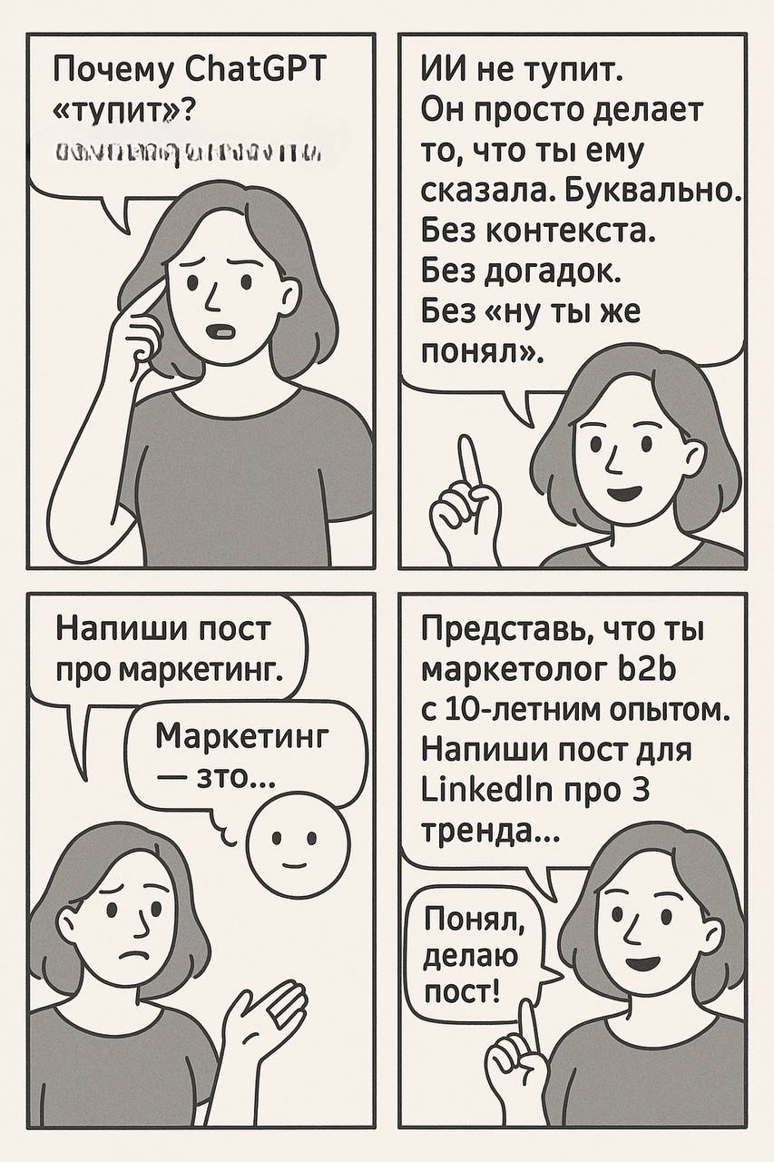 Почему ChatGPT “тупит”?Спойлер: не он.
Иногда мне пишут:
«Я попробовала — ну он же банальности выдаёт»,
«Слишком поверхностно»,
«Лучше сама сделаю».
И я понимаю.
Потому что сама злилась | Сетка — социальная сеть от hh.ru