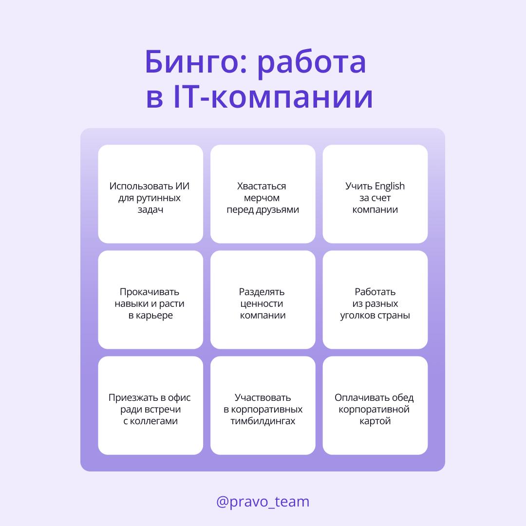 🟣 Что делает работу по-настоящему комфортной и вдохновляющей?
В ПравоТех мы ценим не только результаты, но и атмосферу, в которой они достигаются. Собрали бинго о преимуществах работы в IT-компании | Сетка — социальная сеть от hh.ru