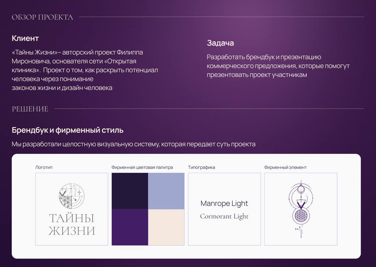 💡 Как передать философию через визуал?
Для проекта “Тайны жизни” мы разработали не просто презентацию, а целостную айдентику: логотип, шрифты, паттерны, фирменную палитру и гайдбук | Сетка — социальная сеть от hh.ru