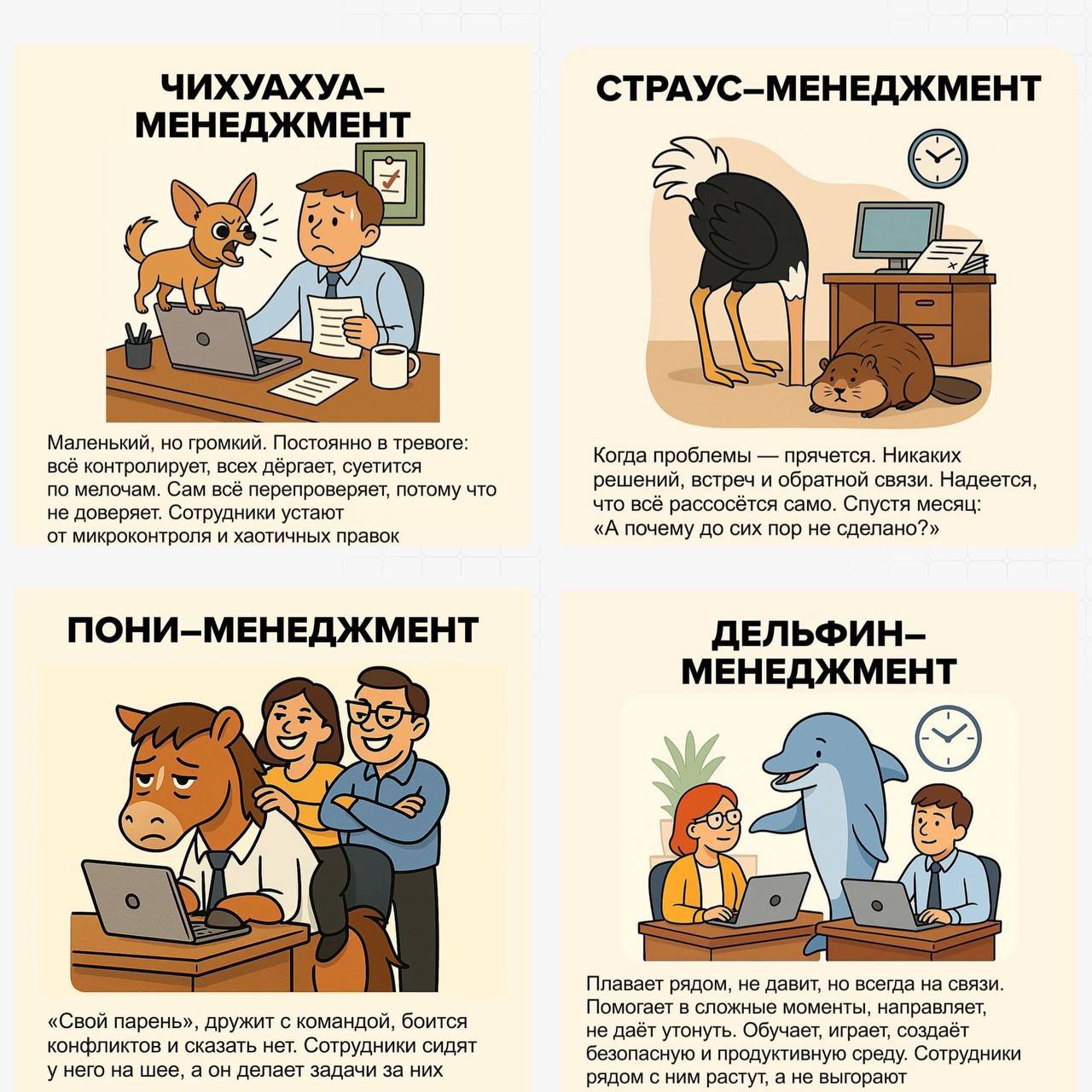 «Собака сутулая-менеджмент»
В интернетах показали 16 стилей управления в работе. Ищем свой тип управления по животным и пересылаем начальнику | Сетка — социальная сеть от hh.ru
