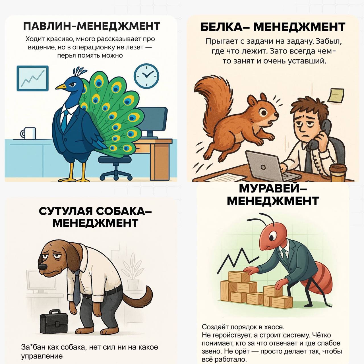 «Собака сутулая-менеджмент»
В интернетах показали 16 стилей управления в работе. Ищем свой тип управления по животным и пересылаем начальнику | Сетка — социальная сеть от hh.ru