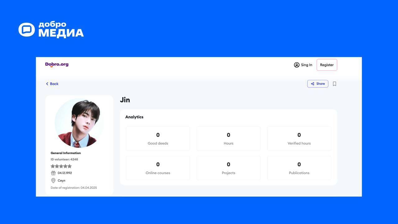 ❤️ Мы забронировали для Джина профиль волонтера на платформе Dobro.org, чтобы он не потерял свои волонтерские часы.
Оформить подписку на Молодость | Сетка — социальная сеть от hh.ru