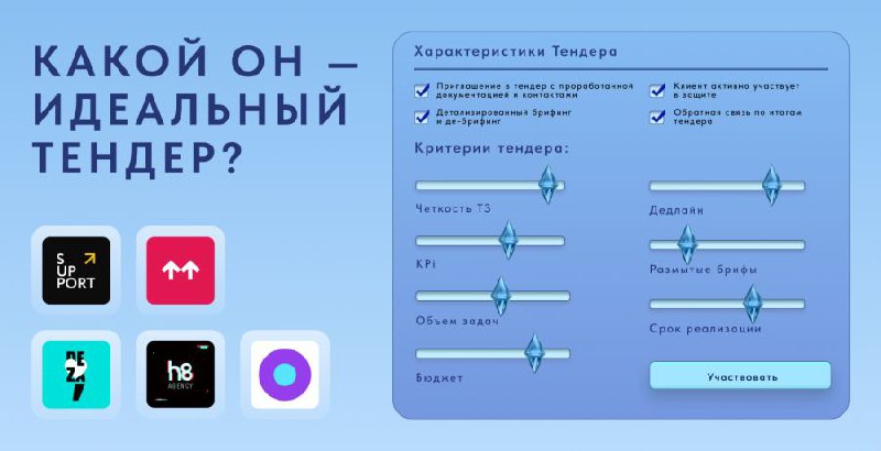 😛 Как успешно участвовать в тендерах и не сойти с ума?
SUPPORT AGENCY вместе с коллегами из GREAT, Deza, Hate agency и emg agency поговорили о том, каким должен быть идеальный тендер, что мешает digit... | Сетка — социальная сеть от hh.ru